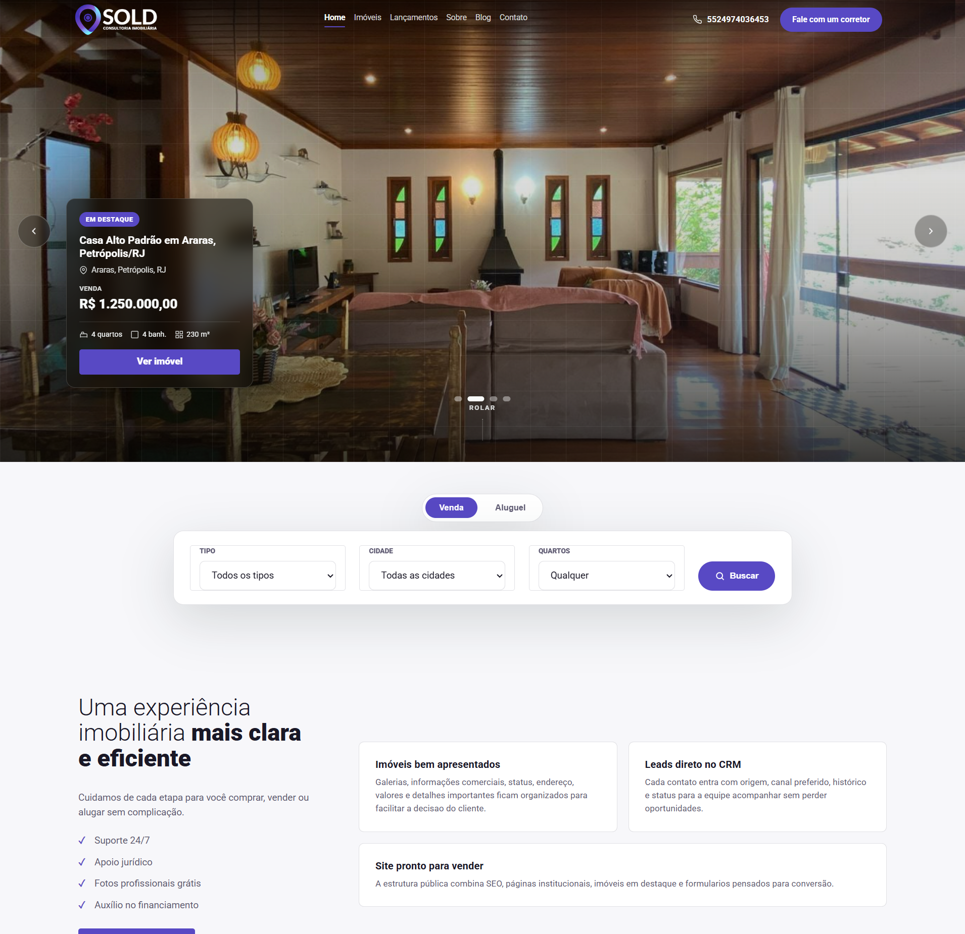 Site imobiliário com apresentação de imóveis
