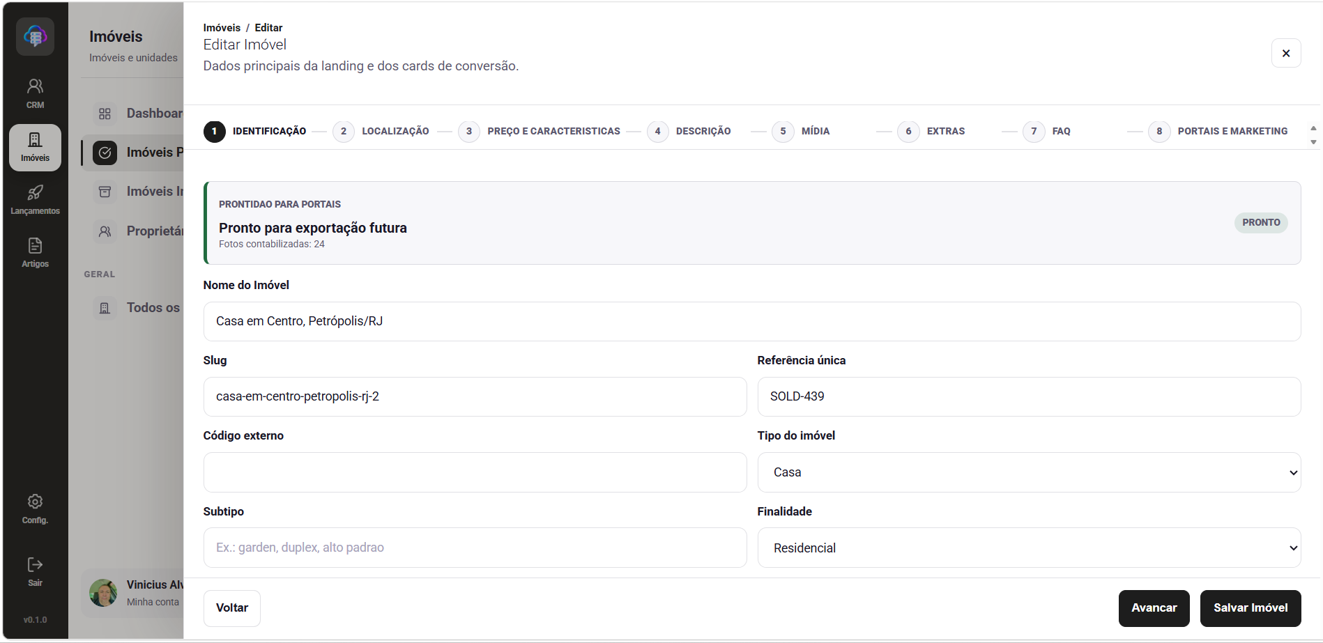 Cadastro completo de imovel no SuiteHub com etapas, prontidao para portais e dados da landing